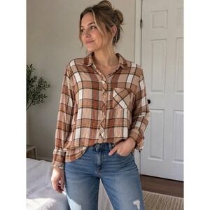Universal Thread Plaid Button Down Shirt XXL Tan Orange Rayon Long Sleeve Top